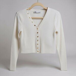 NWOT Zara Cropped Knit Cardigan Woman's sz S Cream Textured Snap Buttons